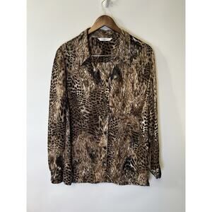 Y2K 90s Blouse Animal Print XL Leopard Sheer Button Up Top Career Whimsigoth